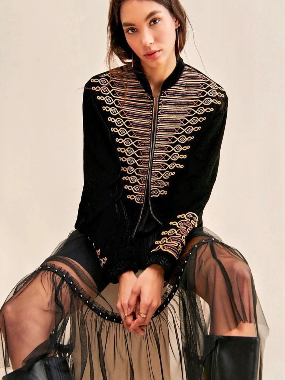Free People Anita Officer Bomber Jacket Embroidered Velvet Bomber Jacket Black